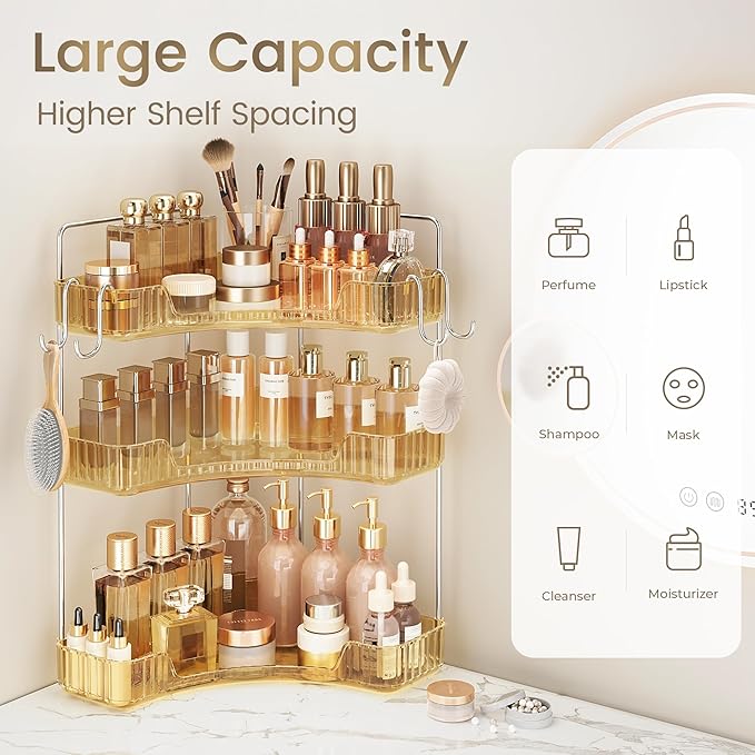 Golden 3-Tier Corner Bathroom Organizer, Countertop Storage Shelf with Hooks | Makeup & Skincare Organizer for Bathroom Sink and Vanity Counter