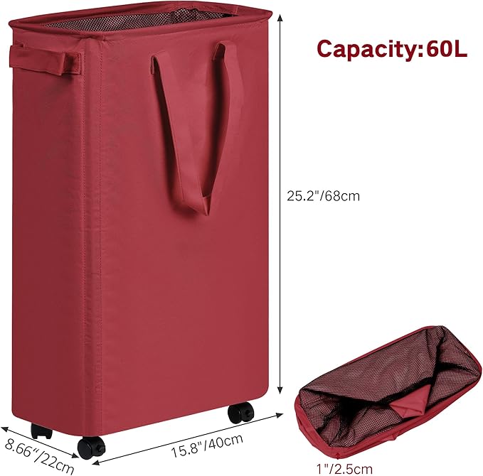 efluky Slim Laundry Hamper with Wheels, Rolling Laundry Basket for Clothes, Small Laundry Basket for Bedroom, Dorm and Laundry Room, 60L (12.7 Gallons) Burgundy Red