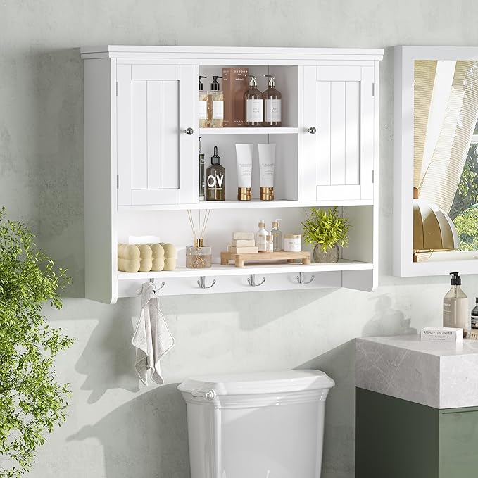 31.5" W Large Bathroom Wall Storage Cabinet with 2 Doors and 4 Hooks, Modern Medicine Cabinet with 3 Open Shelves, Wooden Wall Mounted Bathroom Cabinet for Kitchen, Living Room, White