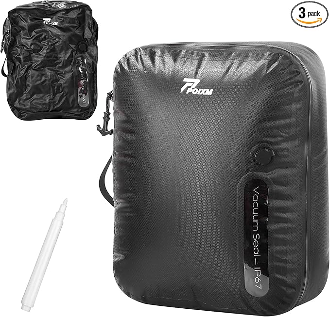 POIXM Vacuum Bags for Travel with Wireless Pump, 180° Open Zipper, IP67 Waterproof, Reusable Space Saver Compression Bags for Backpack, Suitcase, Home Storage(1 Pack)