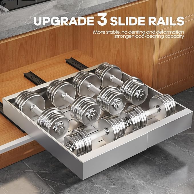 2 Pack Expandable Width (15.15"-26.3") Pull Out Cabinet Organizer 21" Deep with Raising Pad for Framed Cabinets, Upgrade 3 Slide Rails Slide Out Drawers, Roll Out Shelves Adhesive, Silver