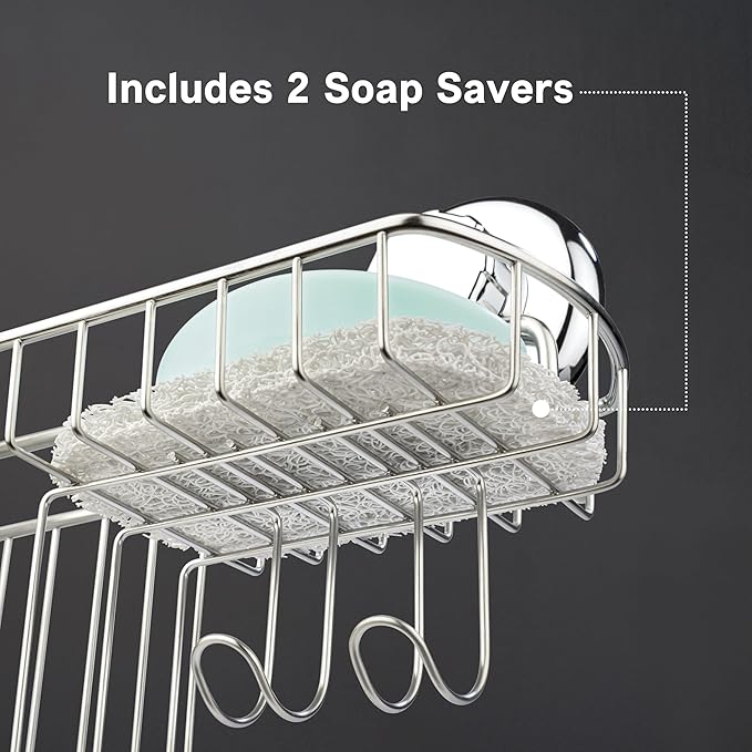 HASKO Suction Cup Shower Caddy Basket for Shampoo, Shower Suction Shelf Organizer, Basket with Soap Holder and Hooks, Stainless Steel Shampoo Holder for Bathroom Storage, Chrome