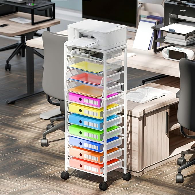 Simple Trending 12 Tier Rolling File Cart,Wood Desk File Organizer with Sliding Trays and Wetal Mesh Paper Letter Storage Multi-Functional Rolling Clutter Cart for Office, Home, School,White
