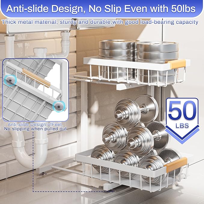 ADBIU Under Sink Organizer, 2 Pack 2 Tier Expandable Height (White, Large Size)