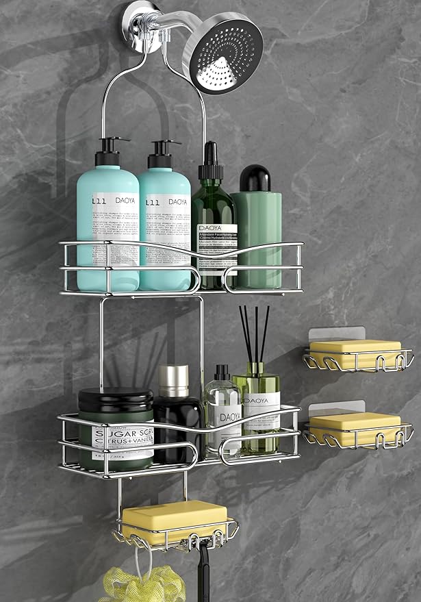 Over the Shower Head Caddy - 2-Tier Shower Caddy Hanging with 2 Movable Soap Holder, Stainless Steel Hanging Bath Organizer with High Guardrail for Bathroom, Silver