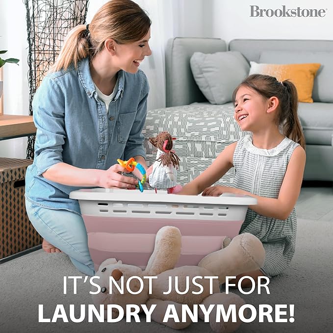 BROOKSTONE 11 GALLON XL 24" Collapsible Laundry Basket & Clothes Hamper, Comfort Non-Slip Handles, Modern Laundry Hamper with Space Saving Design, Portable Pop-Up Hamper, BPA FREE, Blush Pink, 1 Pack