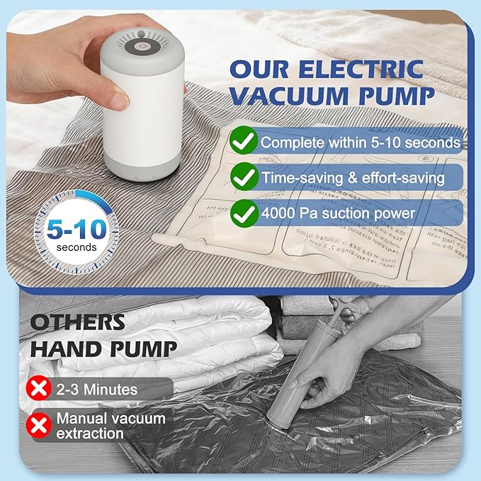 Travel Vacuum Storage Bags with Rechargeable Air Pump, 12 Pack Portable Space Saver Bags, Compression Bags for Clothing, Bedding, Seasonal Storage & Packing Bags for Moving