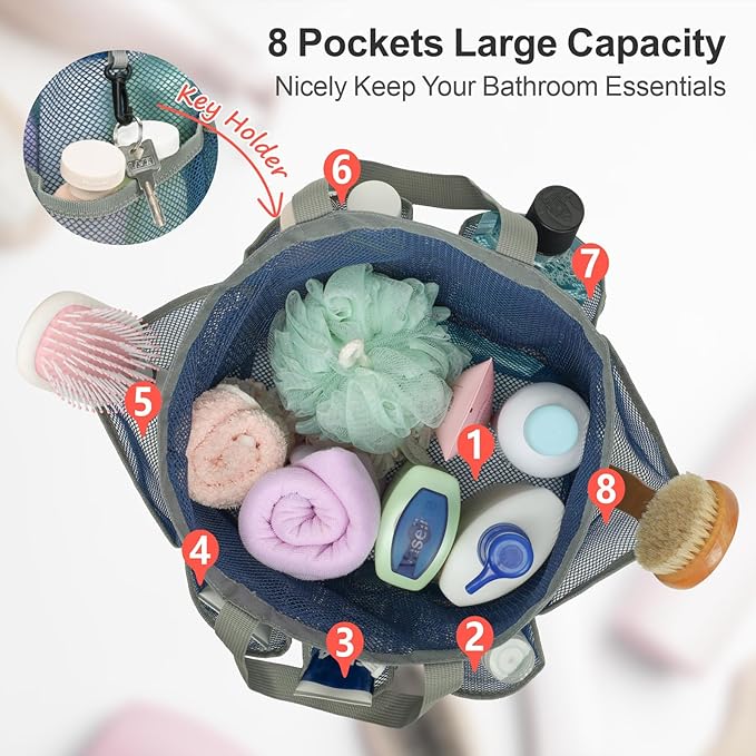 F-color Mesh Shower Caddy Portable with Drawstring - Large 8 Pockets Dorm Room Essentials for Guys Girls with S Hook, Shower Bag Basket Tote for College Camping Gym Travel Toiletry Bathroom, Blue