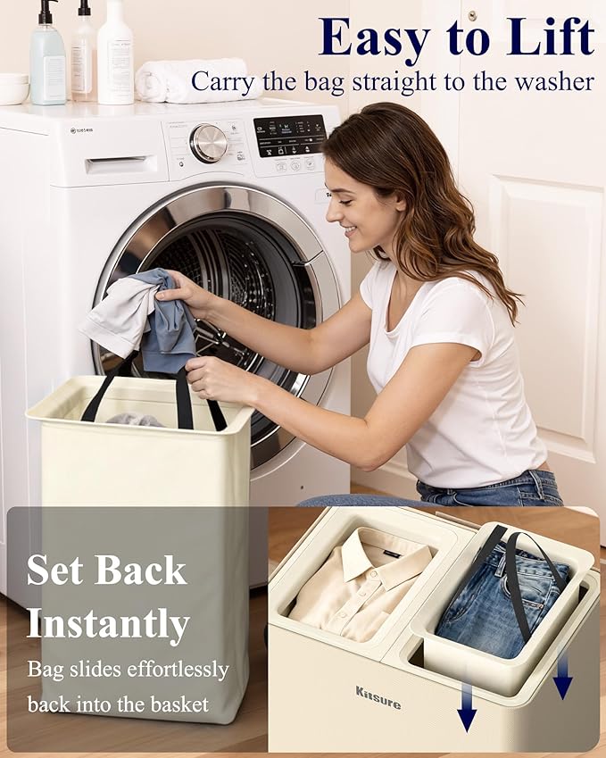 Kitsure Laundry Basket 115L – Large Laundry Hamper with Lid, 2-Compartment Divided Clothes Sorter with Removable Hamper Bags, Beige Organizer for Laundry Room, Bathroom & Bedroom, 22.2" x 16" x 30.7"
