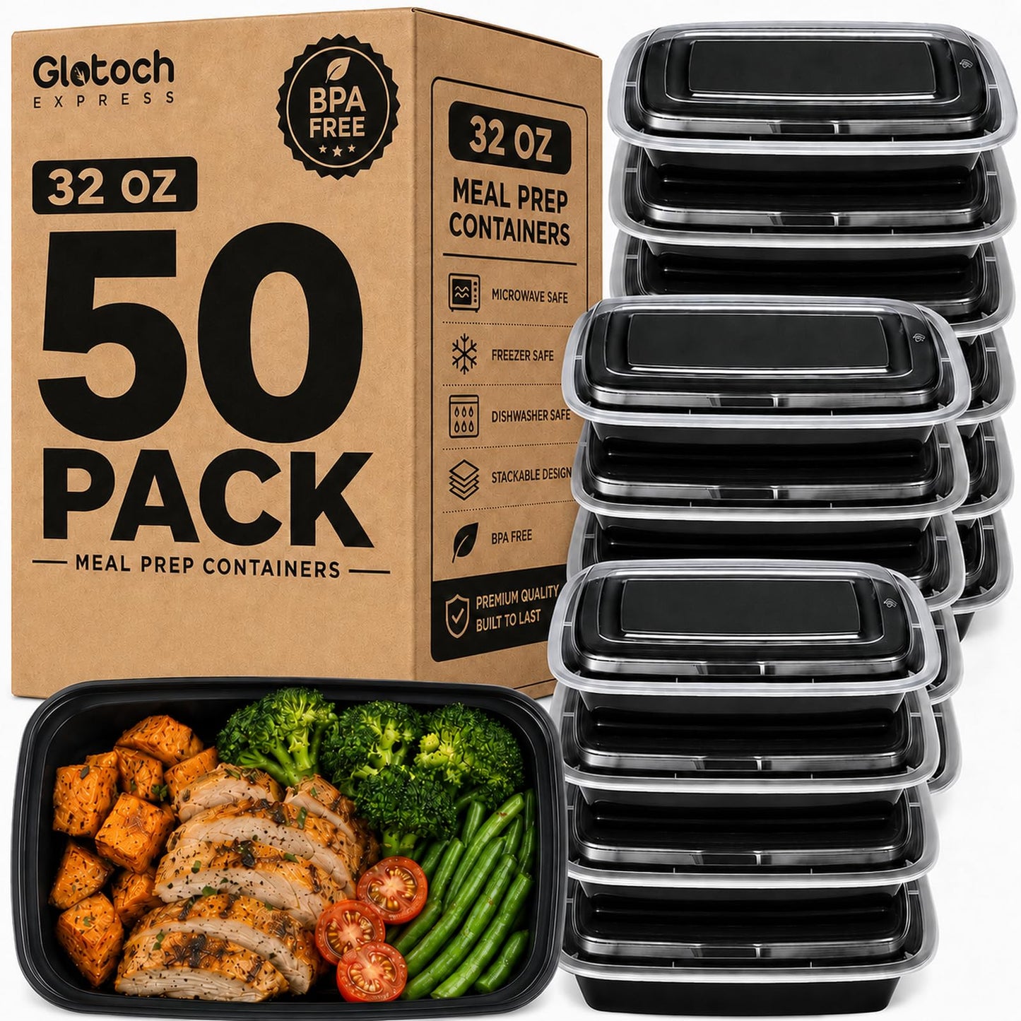 Glotoch 3-Compartment Meal Prep Containers with Lids, 34 oz, 50 Pack