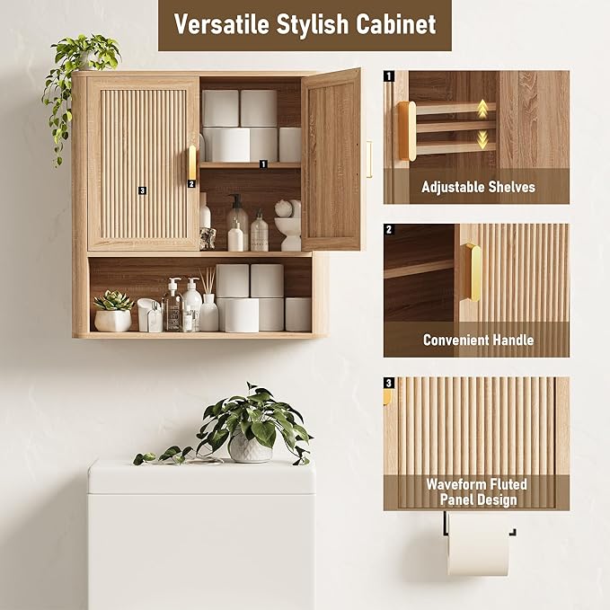 Bathroom Wall Storage Cabinet, Medicine Cabinet with Adjustable Wood Shelf & Doors, Over The Toilet Storage Cabinet for Laundry Room & Kitchen & Living Room (Natural Oak)