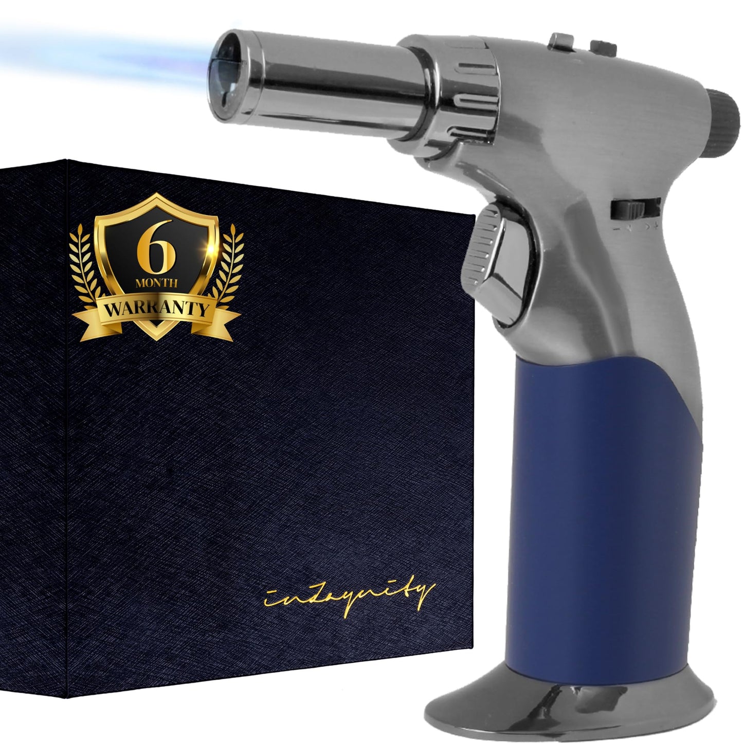 Dual Flame Butane Torch - Refillable Handheld Blow Torch for Cooking, Soldering, & Resin Art w/Adjustable Flame & Ignition Lock - Kitchen Blow Torch & Luxurious Gift Box by inZaynity® - Brown Steel