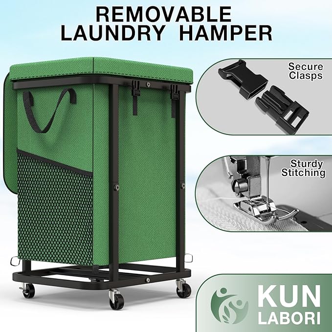 40 Gal(150L) High Grade Large Laundry Basket with Wheels, Rolling Laundry Hamper, Laundry Cart with Metal Frame and Removable Bag Design, Suitable for Laundry Room, Bedroom (XYL-Green-150L, 150L)