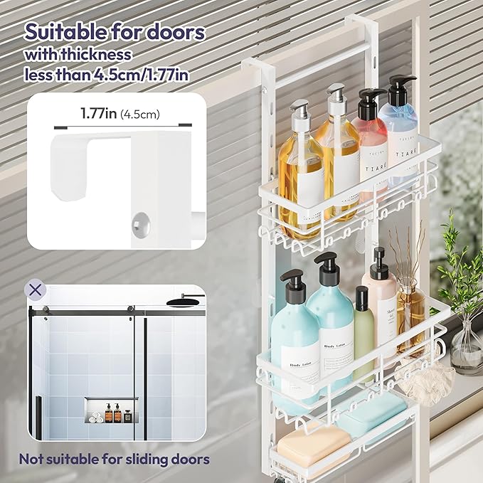 SWTYMIKI Over The Door Shower Caddy - 3 Tier Rustproof Hanging Shower Organizer with Adjustable Shelves, 28 Hooks & Soap Holder, Hanging Shower Rack Storage for Bathroom Accessories, White