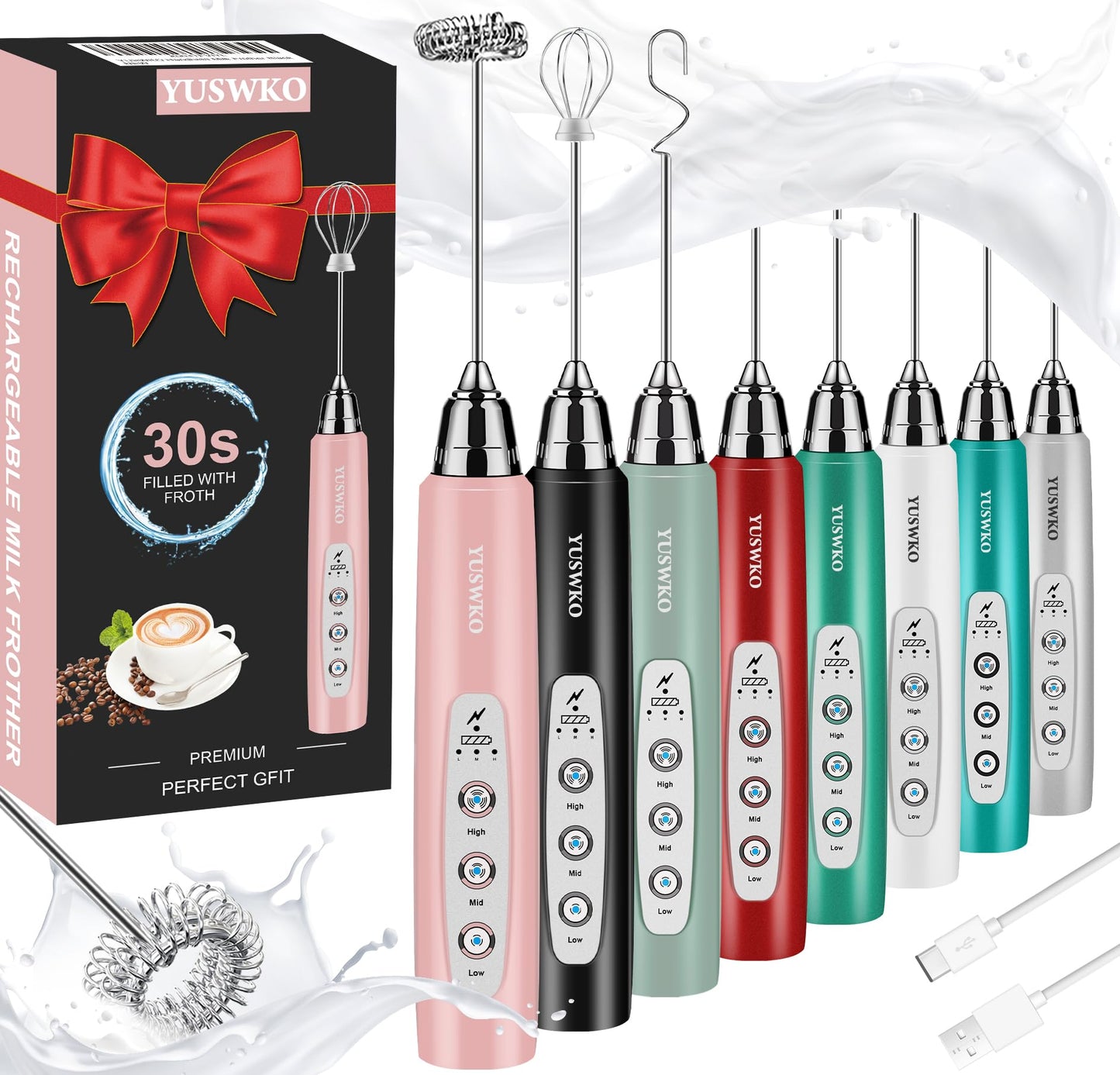 YUSWKO Handheld Milk Frother Wand for Coffee, Rechargeable Electric Whisk with 3 Heads 3 Speeds Drink Mixer Coffee Frother For Latte, Cappuccino, Hot Chocolate, Egg, Beige