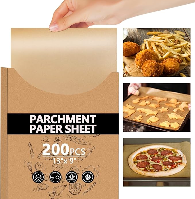 200PCS Thickened Parchment Paper Sheets, 9×13 In Heavy Duty Non-Toxic & Unbleached Parchment Baking Paper for Oven Cooking, Pastry Baking, BBQ Grilling, Catering, Kitchen Daily Use (White)