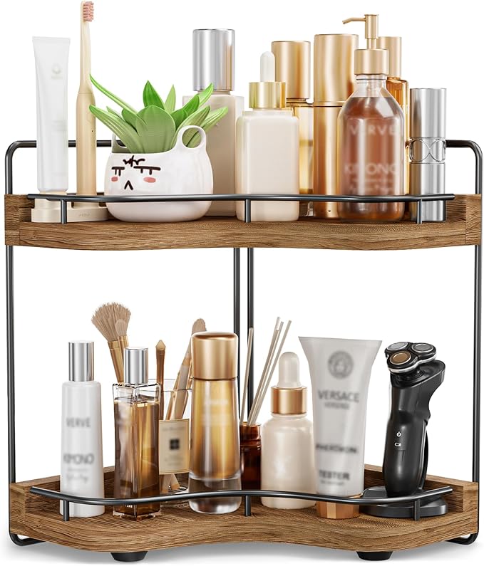 2-Tier Corner Bathroom Counter Organizer with Embedded Screw Holes, Secure & Stable Wood Vanity Shelf for Makeup and Skincare Essentials - Space Saving Bathroom Countertop Storage, Dark Brown