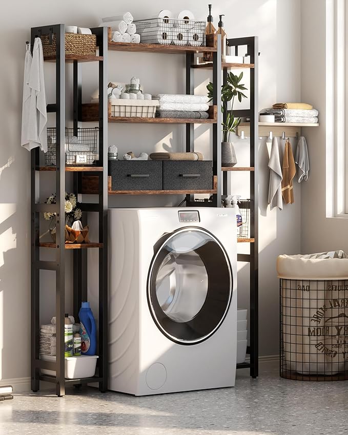 Over The Toilet Storage with 2 Drawers - 11 Tier Bathroom Organizer Freestanding Space Saver Storage Rack with Adjustable Shelf Above Toilet Stand with 4 Hooks for Restroom, Laundry, Rustic Brown