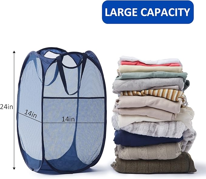 TECHMILLY Collapsible Mesh Pop Up Laundry Hamper with Sturdy Handles and Side Pocket - Portable Foldable Clothes Baskets for Dorm, Bathroom & Travel Storage (Blue, 3 Packs)