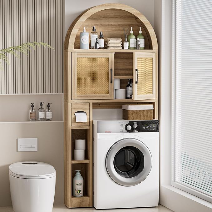 Spurgehom Over The Toilet Storage Cabinet, Bathroom Shelf Organizer Freestanding, Bathroom Arch Cabinet Over Toilet with Toilet Paper Holder and Anti-Tipping Device (Wood & Wicker Door)