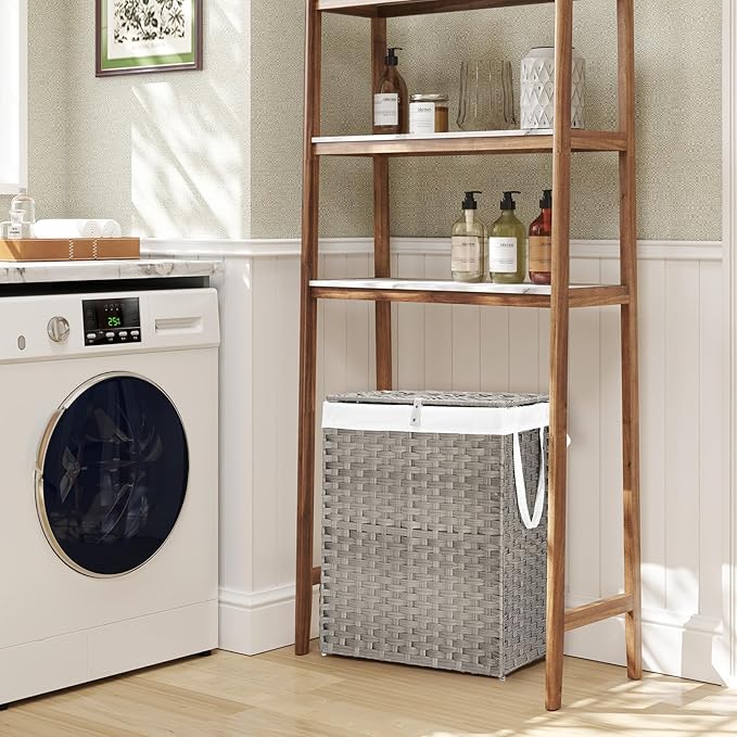 DUMOS Wicker Laundry Basket with Lid, 24 Gallon (91L) Woven Laundry Hamper with Handles, Foldable Rattan Clothes Hamper with Removable Liner & Sturdy Steel Frame, Dove Gray