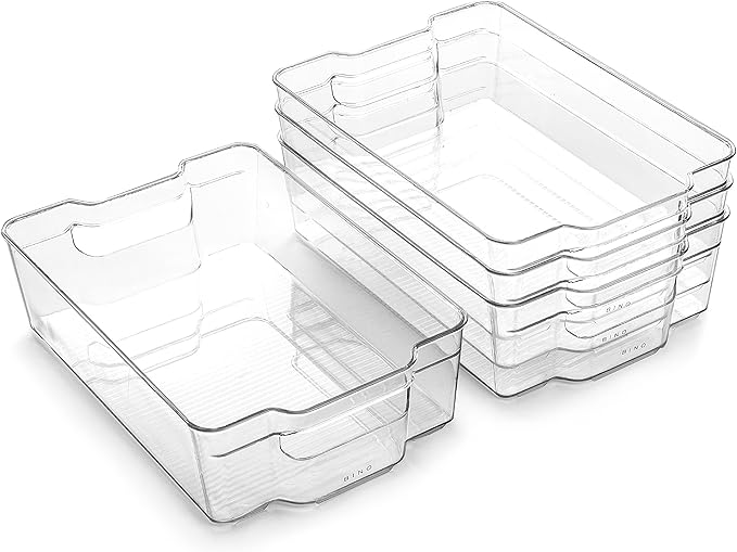 BINO | Stackable Storage Bins, Small - 4 Pack | The Stacker Collection | Clear Plastic Storage Bins | Organization and Storage Containers for Pantry & Fridge | Multi-Use Organizer Bins | BPA-Free