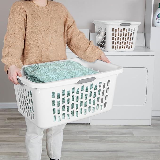 Sterilite Laundry Basket, Plastic Clothes Hamper, Large Rectangle Bin with Comfort Grip Handles and Reinforced Rim, 2 Bushel Capacity, White, 12 Pack