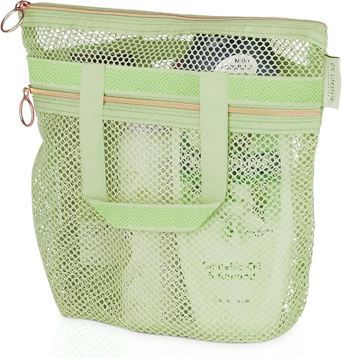 Mesh Shower Bag 10.2x9.9'' Quick-Dry Caddy with Zipper & 2 Pockets. Portable Toiletry Tote for Bathroom, Gym, Travel, Camp, Beach, for Sunscreen, Dorm & College Essentials (Light Green)