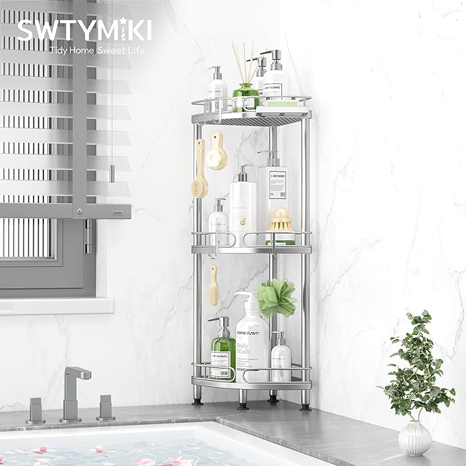 SWTYMIKI Corner Shower Caddy Standing - 3 Tier Rustproof Metal Shower Organizer Stand with Soap Holder and 4 Hooks, Freestanding Floor Shower Storage Stands for Bathroom, Silver