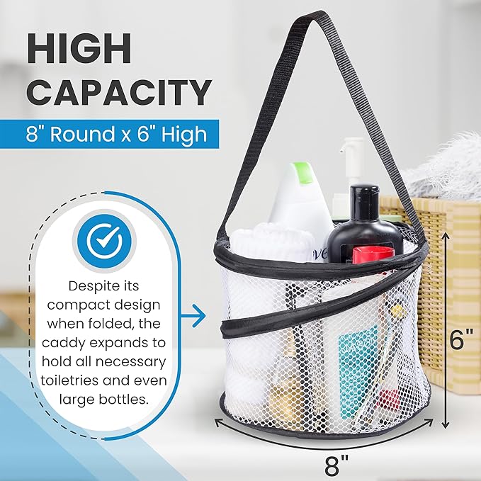 Handy Laundry Foldable Shower Caddy - Collapsible, Portable, Drainage Hole, Carry Handle, Large Compartments, Great Organizer for Camp, Travel, Gym, and Dorm (Black)