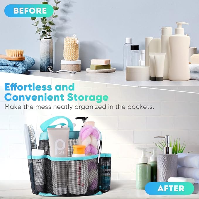 EUDELE Mesh Shower Caddy Portable for College Dorm Room Essentials, 8-Pocket Large Capacity Shower Bag for Beach, Swimming, Gym Pack