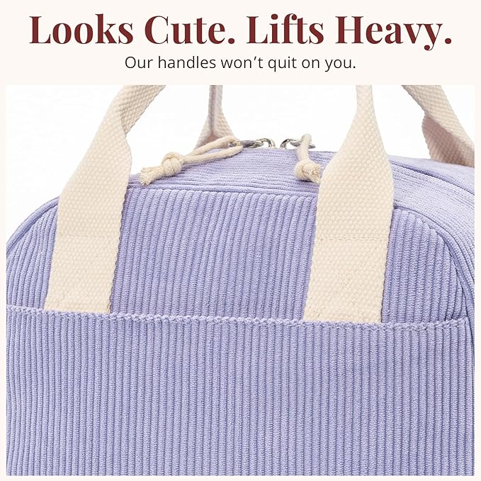 Insulated Purple Haze Lunch Bag for Women, Stylish Corduroy Tote with Aluminum Lining, Large Capacity Reusable Cooler for Work, Travel, or Beach, Beige Cream Water-Resistant Lunch Box