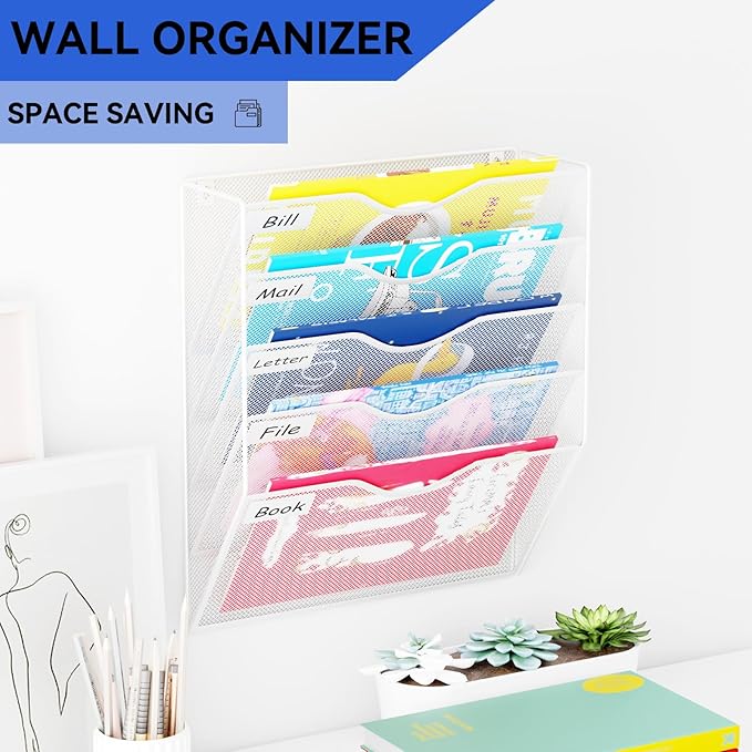 5 Pockets Hanging Wall File Organizer Mail Holder, Wall Mounted Paper Document Folder Holder, Clipboard Storage Organization Magazine Rack, White