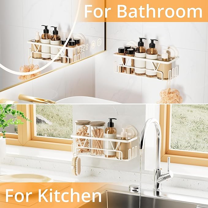KEGII Shower Caddy Suction Cup with Hooks, Large Capacity Shower Suction Shelf, Heavy Duty Bathroom Organizer, No Drilling Stainless Steel Shampoo Holder for Bathroom Storage, Cream White