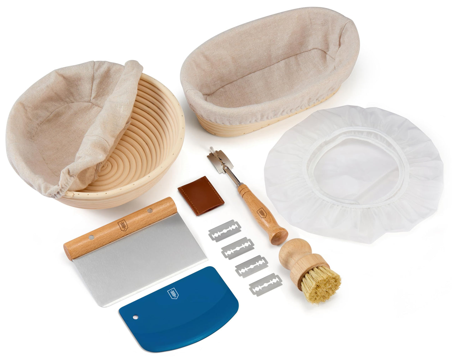 Kook Banneton Bread Proofing Set, Artisan Sourdough Bread Making Kit with Round & Oval Rattan Baskets, Liners, Dough Scrapers, Scoring Lame + Blades, Brush & Dough Cover (Set of 2)
