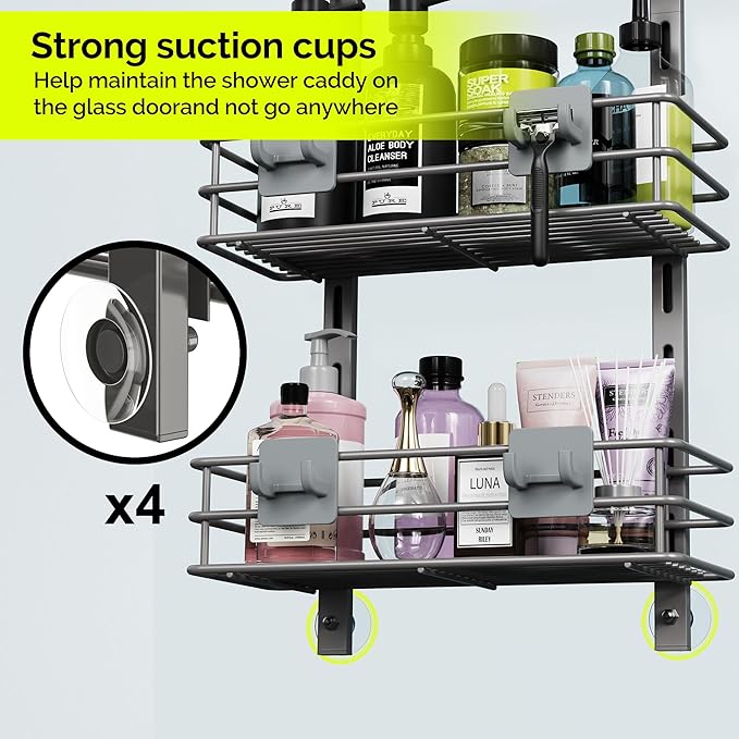 Orimade Over The Door Shower Caddy Adjustable 5 Tier Dark Grey,Bathroom Hanging Organizer Shelf Rustproof with 4 Hooks,Shower Basket with Soap Holder and Suction Cup