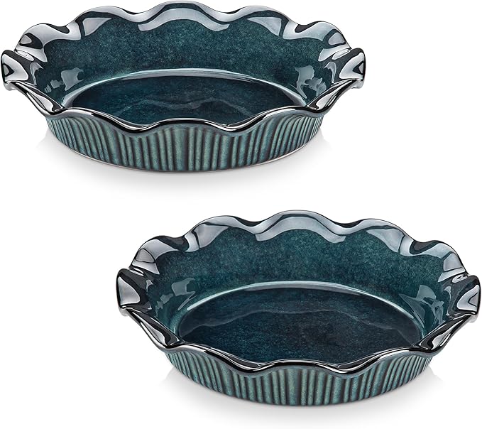 vancasso Stern Ceramic Pie Pan, 9 inch Pie Pans with Ruffled Edge, Deep Pie Dishes for Baking, Round Pie Plates for Apple, Quiche, Pot Pies, Tart, Oven & Dishwasher Safe, Set of 2, Blue