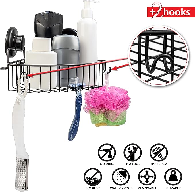 Corner Shower Caddy with Suction Cup Shower Shelf with Hooks, Stainless Steel Bathroom Caddy, Wall Mounted Shower Basket for Bathroom, Adhesive 3M Stick Discs Included (Black)