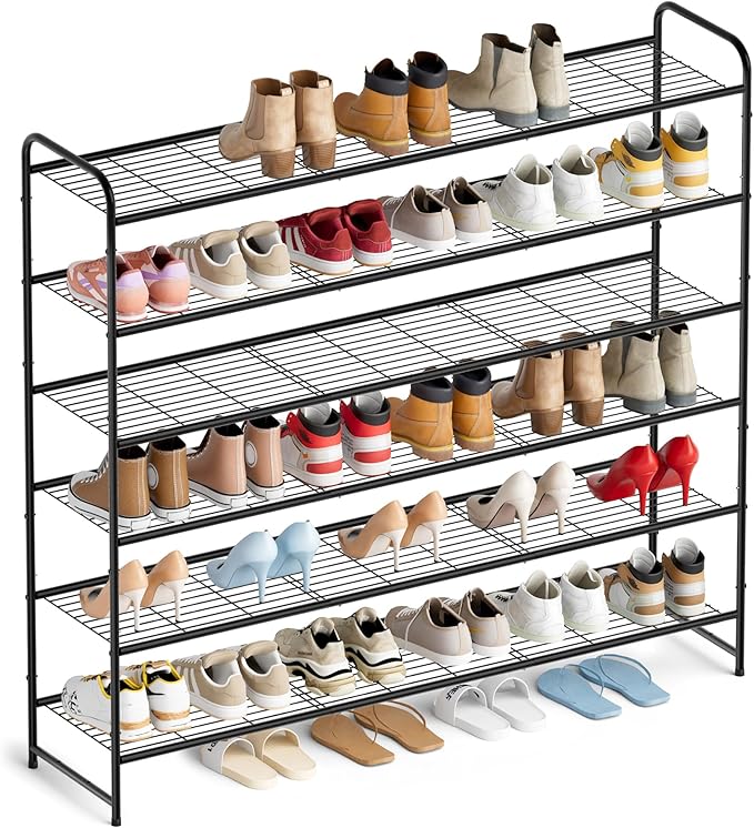 AOODA Long 6 Tier Metal Shoe Rack for Closet Wide Stackable Shoe Storage Organizer for Entryway, Bedroom, Floor, 42-Pairs Men Sneakers Shoe Shelf with Wire Grid, Black