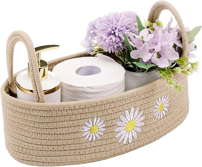 Vesici Daisy Toilet Paper Basket Boho Woven Cotton Rope Bathroom Countertop Organizer with Handle Beige Bathroom Storage Decor for Toilet Closet Bedroom Nursery Toys Organizing, 13 x 6 x 4 Inch