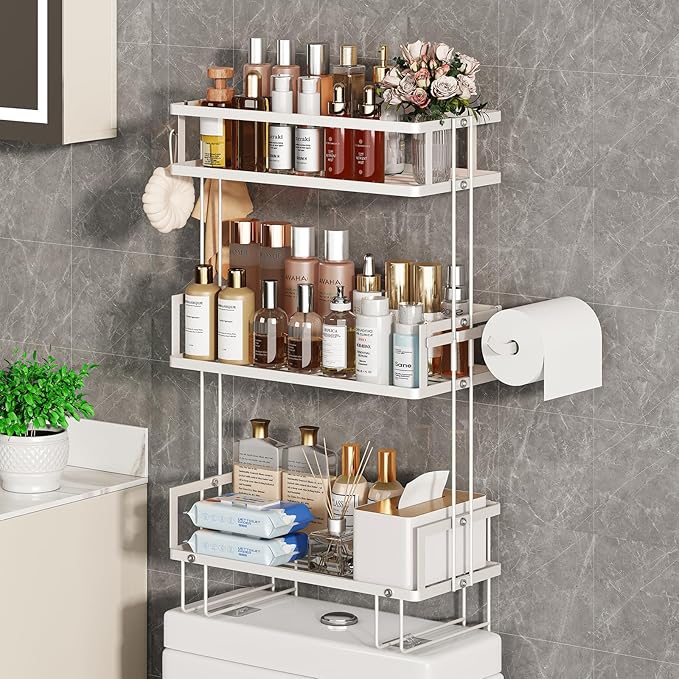 Godboat Bathroom Organizers and Storage, 3-Tier Over The Toilet Storage, Wall Shelf with Paper Holder and 2 Hooks, No Drilling Cool Decor and Home Decor, Gifts for Women, Mom, Mothers Day (White)