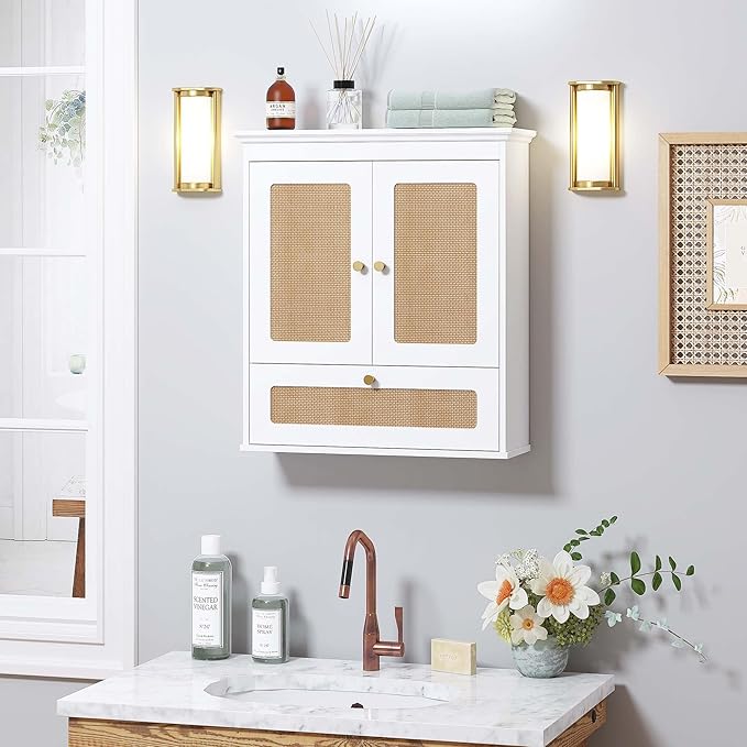 Spirich Bathroom Wall Cabinet Over Toilet, Boho Rattan Medicine Cabinet with Adjustable Shelf, Space-Saving Wall Mount Storage