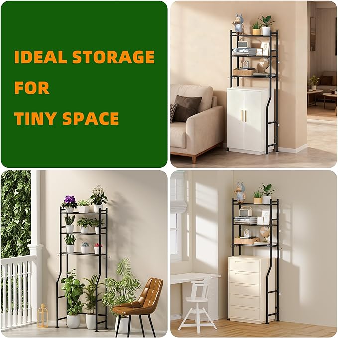 3 Tier Over The Toilet Storage Rack with 2 Basket, Metal Freestanding Bathroom Shelves Toilet with Paper Holder and 4 Hooks, Over Toilet Storage Shelf for Bathroom Storage, Black