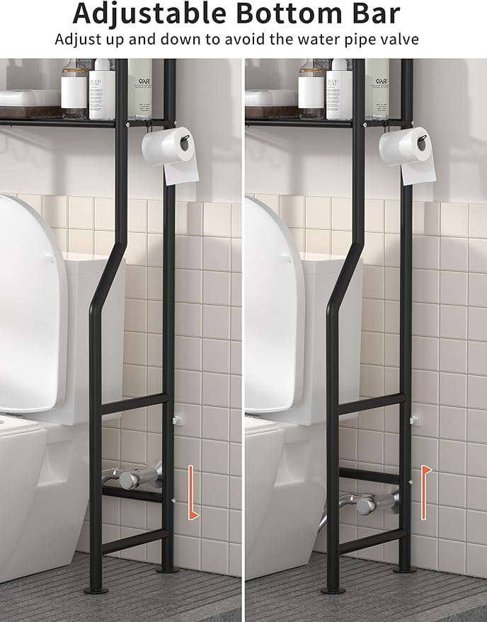 3-Tier Over The Toilet Storage, Freestanding Metal Bathroom Shelves with 4 Hooks, Over Toilet Storage Shelf with Paper Holder, Above The Toilet Shelf for Bathroom Storage, Black