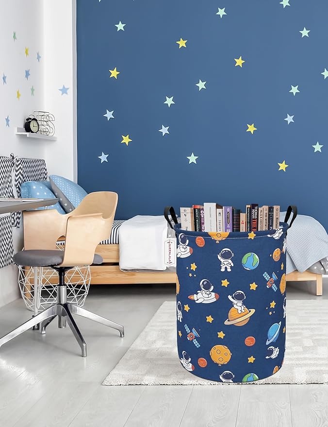 QUEENLALA Large Storage Basket,Laundry Hamper/Bathroom/Home Decor/Collapsible Round Storage Bin,Boys and Girls Hamper/Boxes/Clothing（Round-Yellow Star Astronaut）