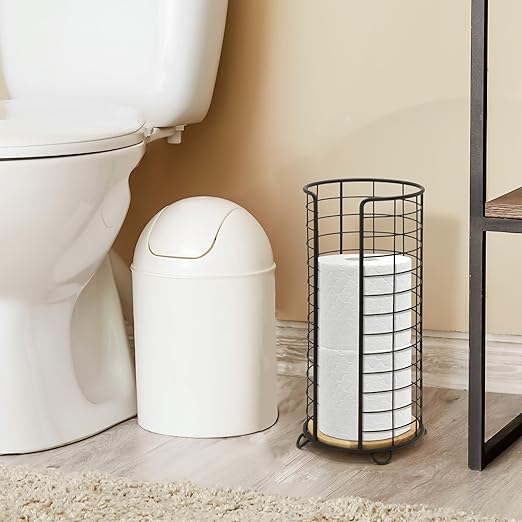 BROOKSTONE, Stylish Toilet Paper Holder with Bamboo Base, Freestanding Bathroom Tissue Organizer, Minimalistic Storage Solution, Modern Trending Design [Holds Large Rolls], Black…