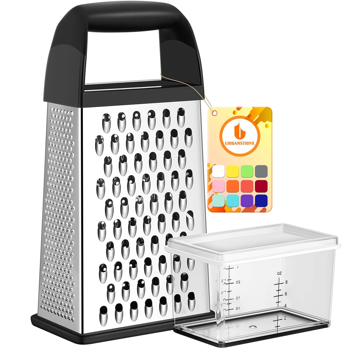 Urbanstrive Cheese Grater With Container, Professional Cheese Grater with Handle, Stainless Steel Graters for Kitchen Handheld, Box Grater with 4 Sides for Vegetables, Ginger, Potatoes (Red)
