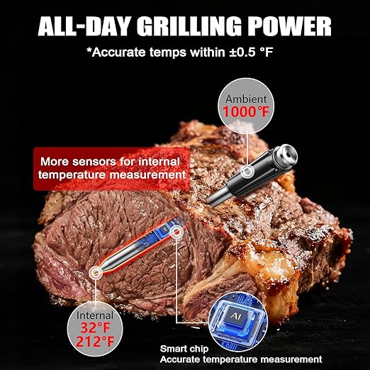 KylosTherm Bluetooth Wireless Meat Thermometer, No App Needed, 800FT Range, Dual Ultra-Thin Probes, IP67 Waterproof, HD Touch Screen - Perfect for BBQ, Grill, Oven, Smoker & Kitchen Cooking