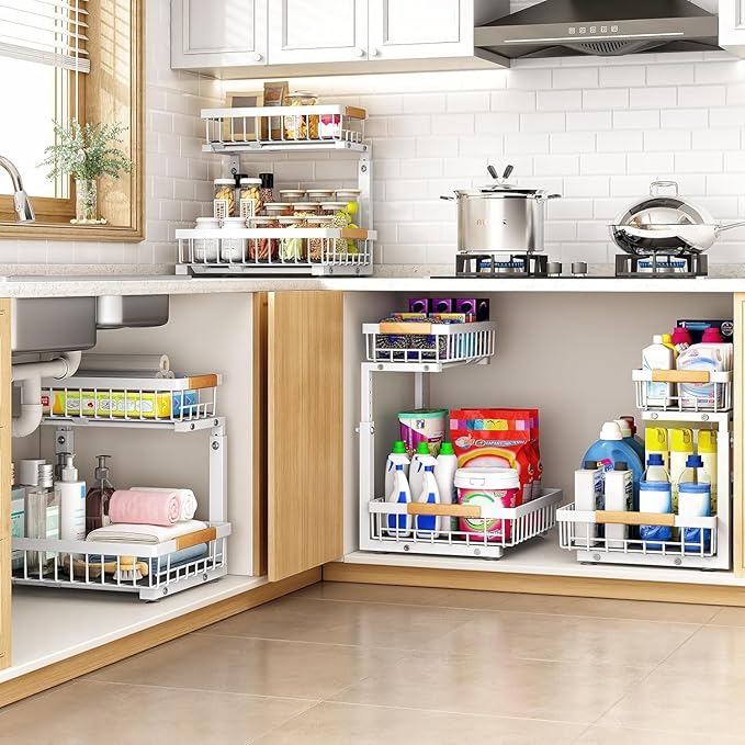 PXRACK Under Sink Organizer, Adjustable Height, 2-Pack 2 Tier Pull Out Under Cabinet Organizer, Slide Out Thickened Metal Under Sink Storage for Kitchen Bathroom Laundry Pantry Cabinet, S, White
