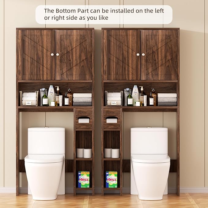 Shintenchi Over The Toilet Storage Cabinet, Bathroom Storage Cabient with Barn Doors, Bathroom Storage Shelf Organizer with Toilet Paper Holder, Adjustable Shelf and Anti-Tip Device, Walnut